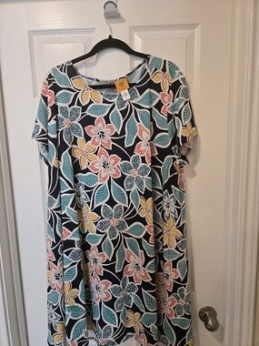 Ruby Rd. Navy Floral Midi Dress with Teal, Yellow & Coral Accents
